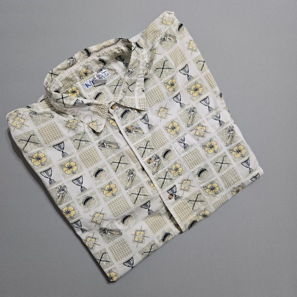 K.T. Golf Shirt Men 3X Button Up White Green Golf Print Club Balls Trophy Cotton